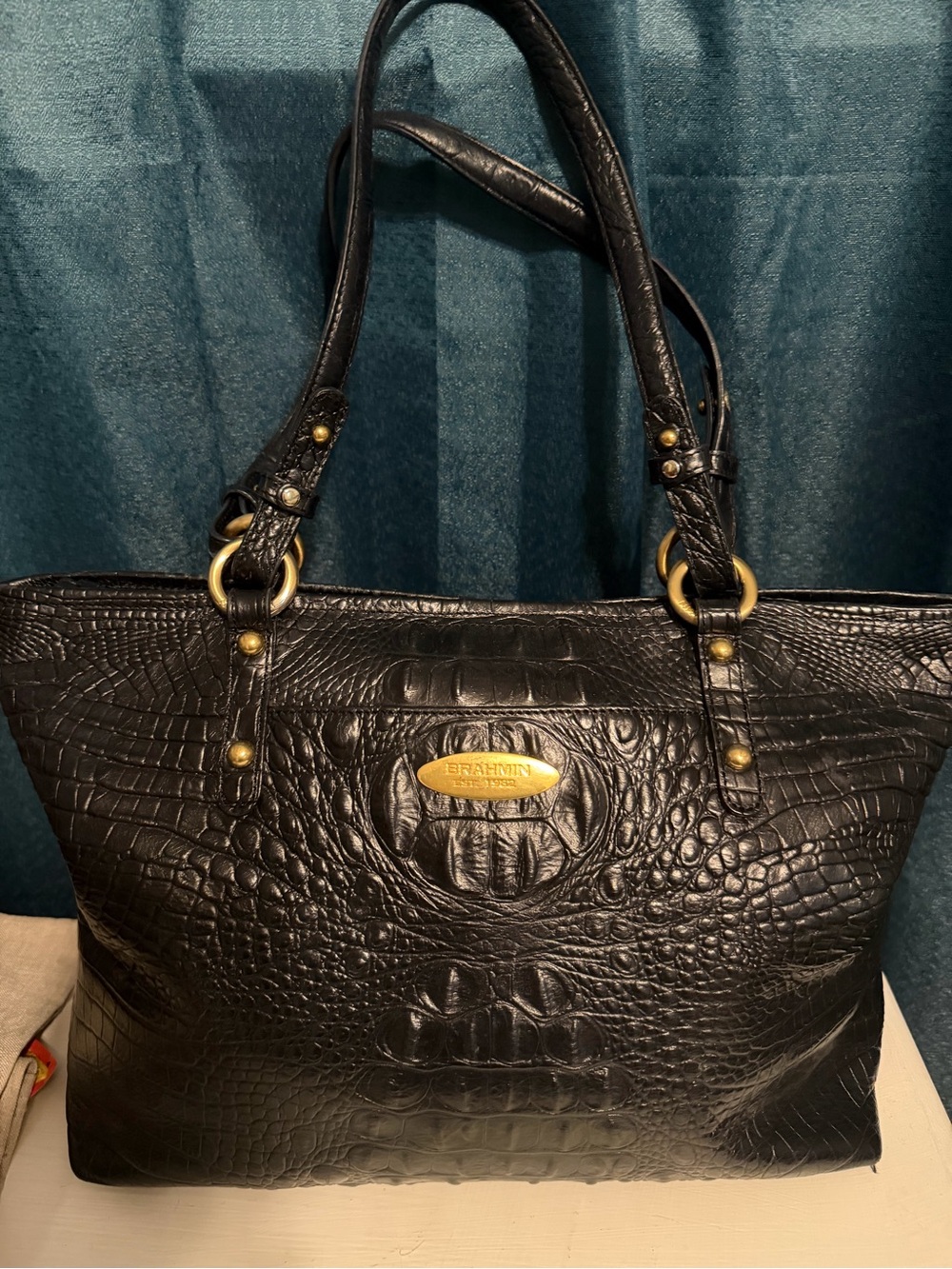 Brahmin Medium Alden Tote in Black Croc-Embossed Melbourne Leather